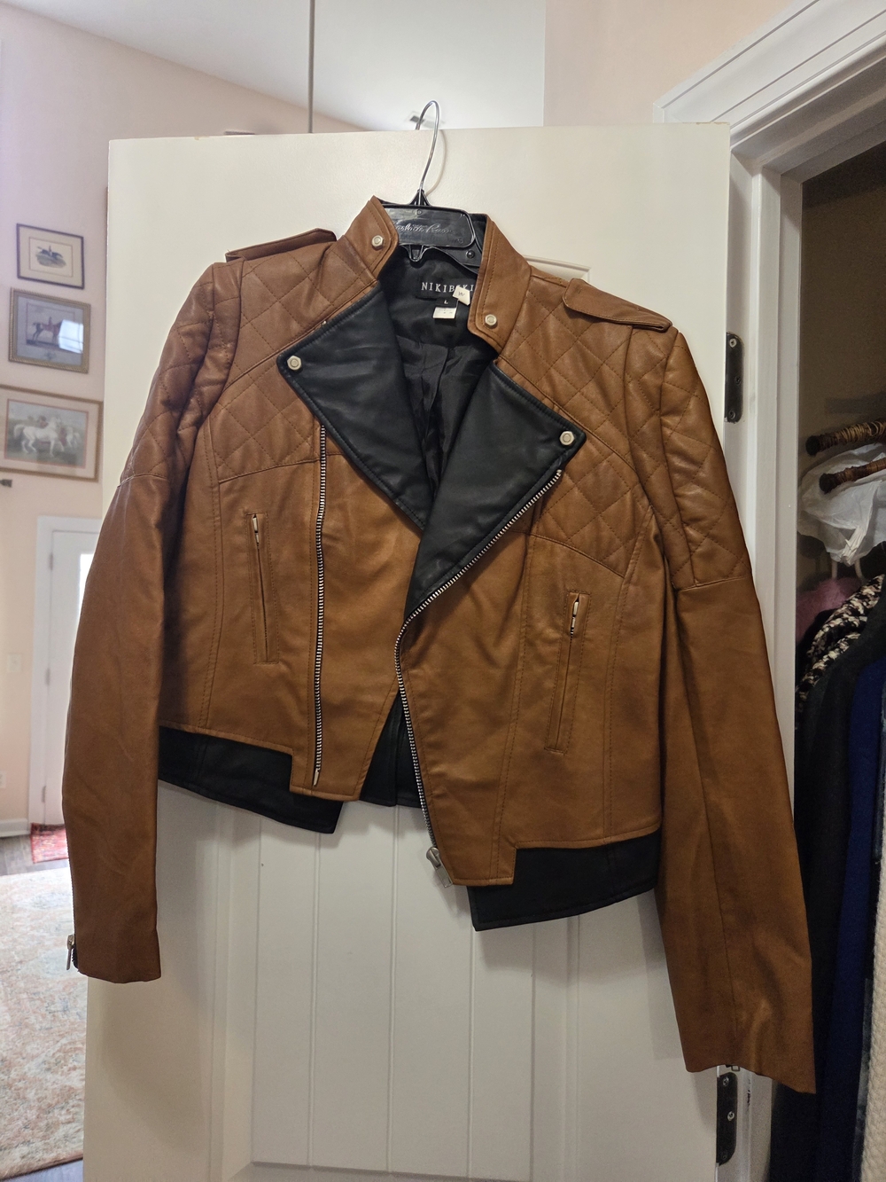 Nikibiki Brown Quilted Faux-Leather Moto Jacket with Black Trim